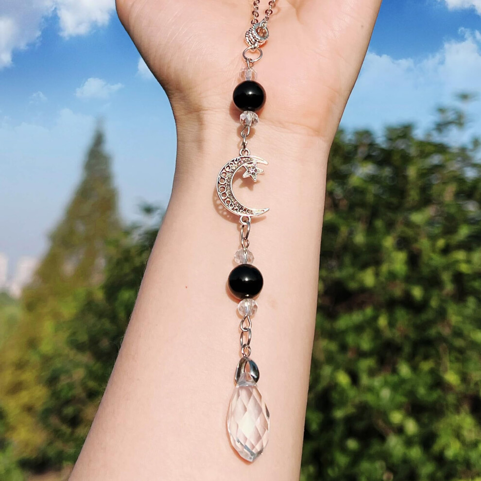 Boho Crystal Rear View Mirror Charm Moon Star Obsidian Car Hanging Ornament Handmade Beads Decor 9044945408997