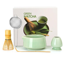 Matcha Tea Set with Ceramic Bowl Whisk Scoop Sifter and Holder, 5 Pcs Jade Green Matcha Kit