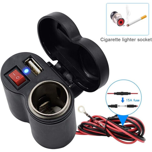 12V Motorcycle Dual USB Charger with Switch and Waterproof Cigarette Lighter Socket Clamp 2