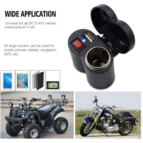 12V Motorcycle Dual USB Charger with Switch and Waterproof Cigarette Lighter Socket Clamp 1