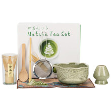 Matcha Tea Set with Handcrafted Bamboo Whisk, Floral Rim Bowl, 8 Pcs Japanese Ceremony Kit Green