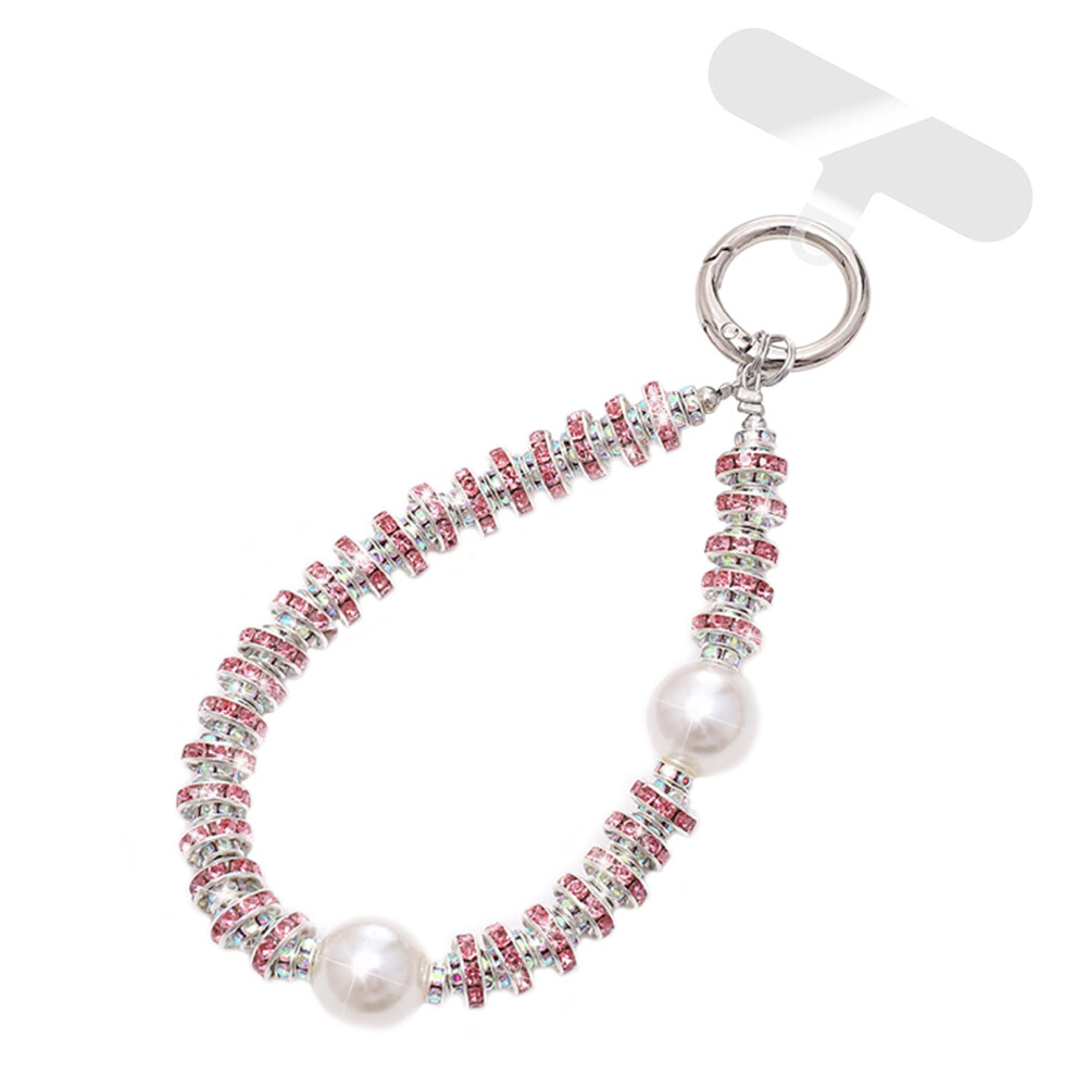 Pearl Beaded Phone Charm Strap With Luxury Diamond Design, Antiloss Wrist Lanyard For Women Pink 9070919972874