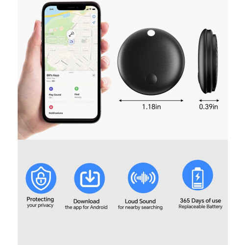 Bluetooth Key Finder with Precise GPS Tracking, IP67 Waterproof Item Locator for Android, Black 2 1