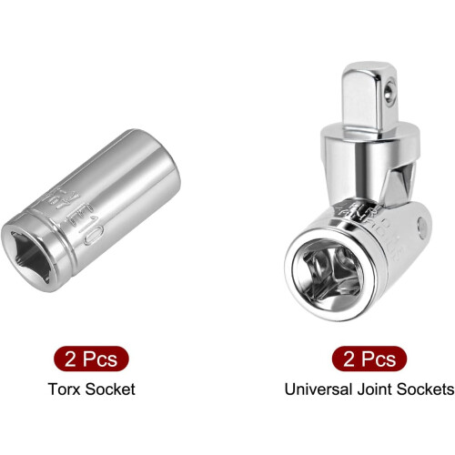 1/4 Inch Drive Torx Socket Set E10 with Spring Loaded Universal Joint 90 Swivel Chrome Vanadium 1
