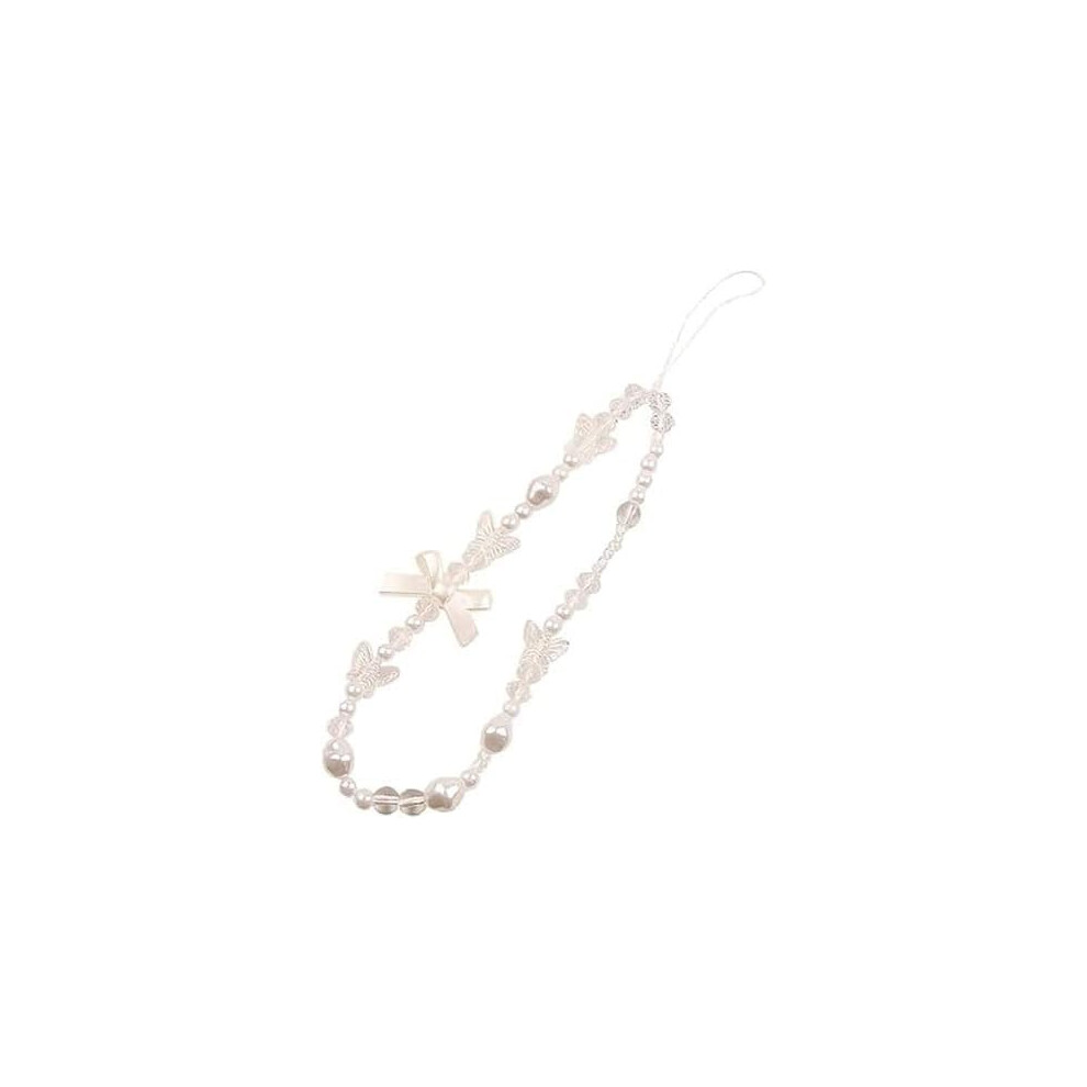 Pearl Phone Lanyard With Bow, Elegant Antilost Beaded Wrist Strap For Phone And Keys White 9455672842570