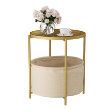 Modern Round Side Table with Removable Tray and Fabric Basket, Gold Metal Nightstand for Living Room Bedroom