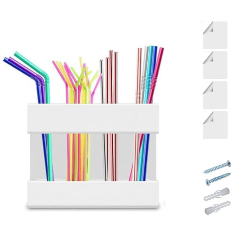 Cabinet Straw Holder Acrylic Organizer with Adhesive SpaceSaving Kitchen Storage White