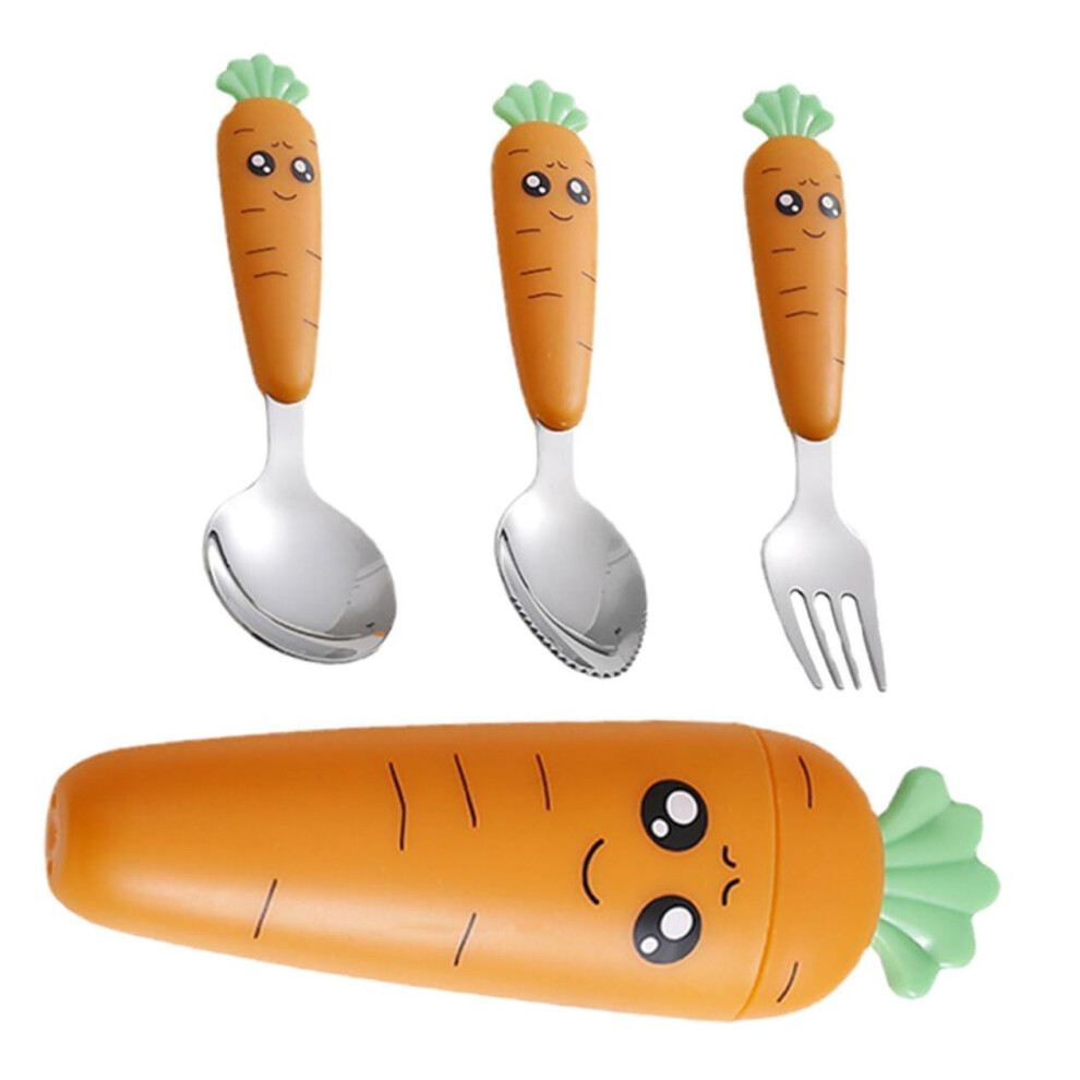 Metal Kids Cutlery Set with Case  4pc Toddler Knife Fork Spoon Set in Carrot Design