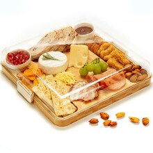 Bamboo Charcuterie Board with Lid, 5 Compartment Cheese Platter with Buckle Lock and Sauce Grooves