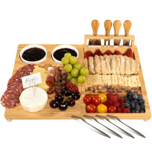 Charcuterie Board Set with Knives, Large Bamboo Cheese Board with Compartments for Entertaining