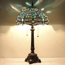 Table Lamp Sea Blue Stained Glass Dragonfly Design with Dual Bulbs and Antique Bronze Base