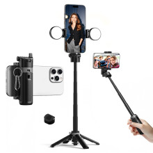 Phone Tripod Selfie Stick with Adjustable Fill Light, 3in1 Wireless Remote Travel Stand for Vlog