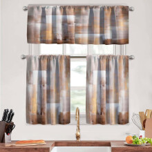 Brown Kitchen Curtains Set with Valance and Tiers, 3 Piece Light Control Easy Care 18x52 Inch