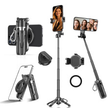 Magnetic Selfie Stick Tripod for iPhone with 360 Rotation Clamp and Bluetooth Remote