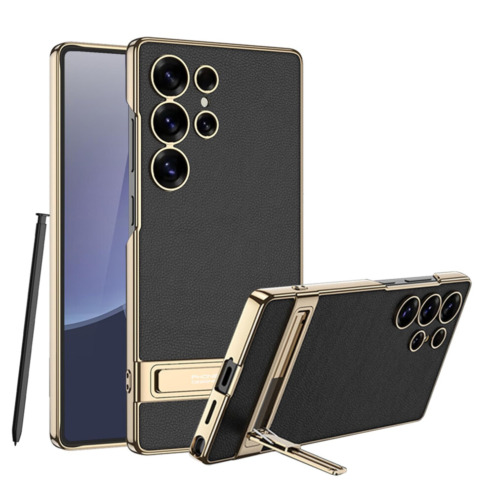 Leather Case With Kickstand, Slim Shockproof Electroplated Frame, For Samsung Galaxy S25 Ultra Black 9070919955594
