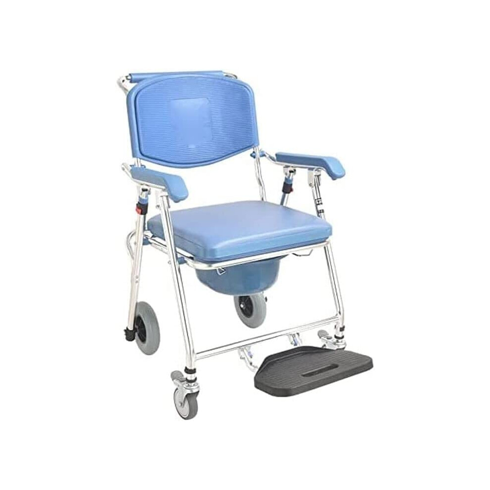Blue Folding Shower Commode Chair With Wheels, Padded Seat And Footrest For Elderly Mobility