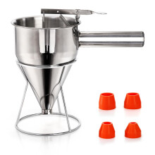 40oz Stainless Steel Pancake Batter Dispenser with Stand, Funnel Cake Maker with 4 Silicone Funnels