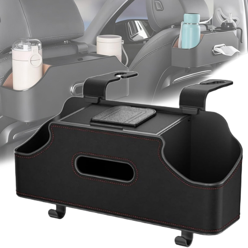3In1 Car Backseat Organizer With Dual Cup Holders And Tissue Box, Waterproof Leather Storage For Road Trips (Black) Black 9455672857284