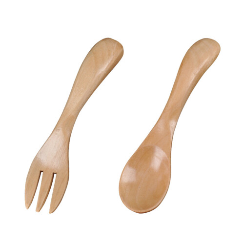 4Pcs Wood Tableware Flatware Set Khaki Spoon Fork Comfortable Kids Use