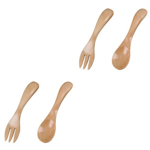 4Pcs Wood Tableware Flatware Set Khaki Spoon Fork Comfortable Kids Use 2