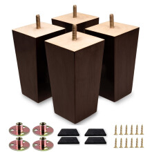 6 Inch Wooden Furniture Replacement Legs Set of 4, Dark Brown Square Design with Floor Protection Pads