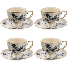 8 oz Ceramic Coffee Cups with Saucers Set of 4, Vintage Floral Porcelain Cappuccino Mugs, Dishwasher Microwave Safe