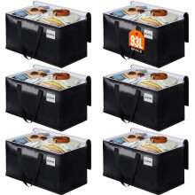 93L Large Waterproof Heavy Duty Moving Storage Bags with Zippers and Reinforced Handles, 6 Pack Black Foldable Totes for Clothes and Bedding