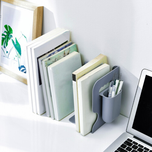 Extendable Non Skid PP Heavy Duty Grey Bookend with Pen Holder, Adjustable Shelf Support 2