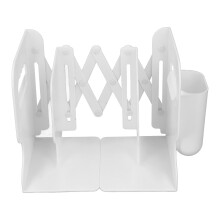 Extendable White Non Skid PP Bookend with Pen Holder - Heavy Duty Adjustable Shelf Organizer