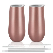 2 Pack 12oz Insulated Champagne Flutes Stainless Steel Stemless Tumblers Rose Gold Double Wall