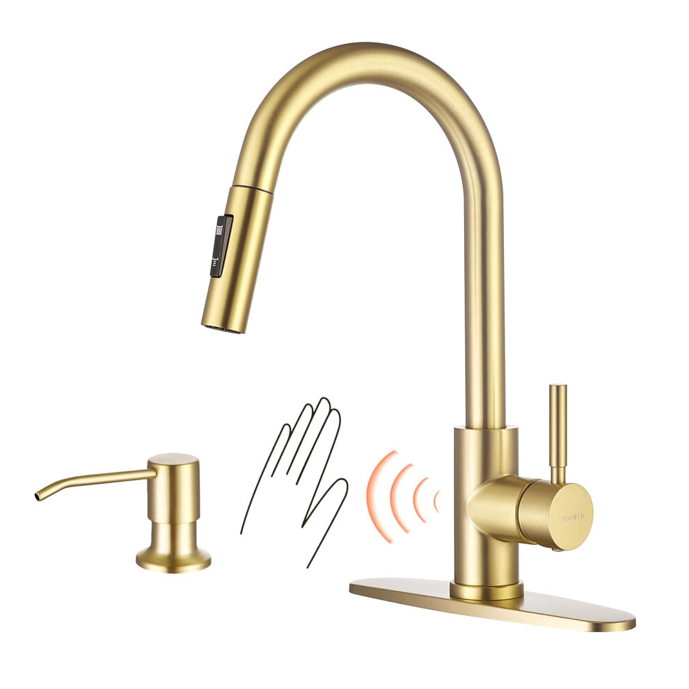 Touchless Kitchen Faucet With Pull Down Sprayer, Brushed Gold Motion Sensor Sink Tap With Soap Dispenser 9044945411911