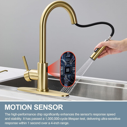 Touchless Kitchen Faucet with Pull Down Sprayer, Brushed Gold Motion Sensor Sink Tap with Soap Dispenser 2