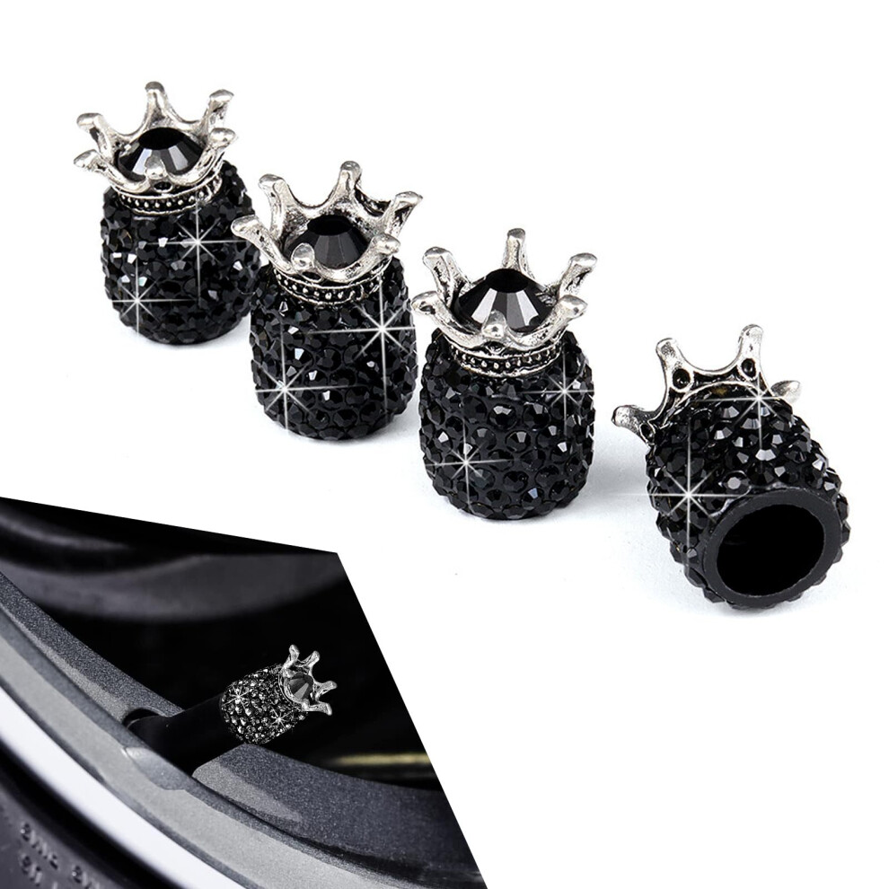 4 Pcs Crystal Crown Tire Valve Caps Bling Rhinestone Dustproof Universal Fit For Cars Bikes Black 9044945412079