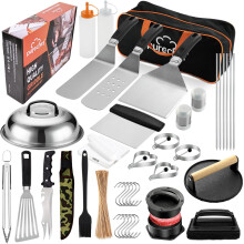 Griddle Accessories Kit with Oversized Spatulas, Burger Press, Basting Cover and Storage Bag for Outdoor BBQ Flat  Grill
