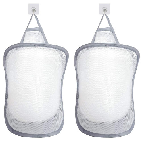 2 PCS Collapsible Laundry Basket Hanging Hamper with Handle, Foldable Mesh for Dorm Bathroom Storage Gray