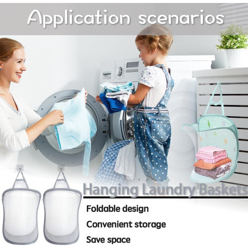 2 PCS Collapsible Laundry Basket Hanging Hamper with Handle, Foldable Mesh for Dorm Bathroom Storage Gray 2