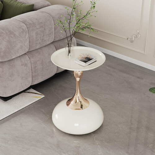 White Round Side Table for Small Spaces with Durable Metal Base, Modern Bedside Accent Table Type A 1