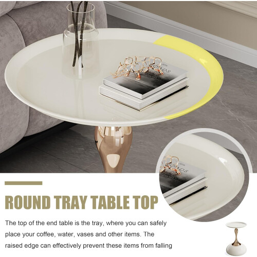 White Round Side Table for Small Spaces with Durable Metal Base, Modern Bedside Accent Table Type A 2