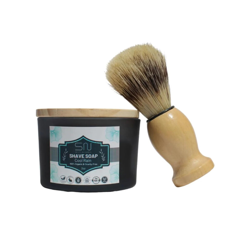 Organic Shaving Soap and Natural Bristle Brush Set, Cool Rain Scent, 3oz Rich Creamy Lather