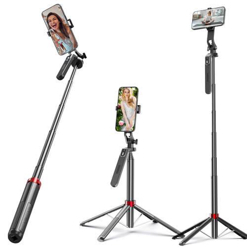 62' Phone Tripod Selfie Stick with Light, 360 Rotation, Remote Control, for iPhone, Android, GoPro