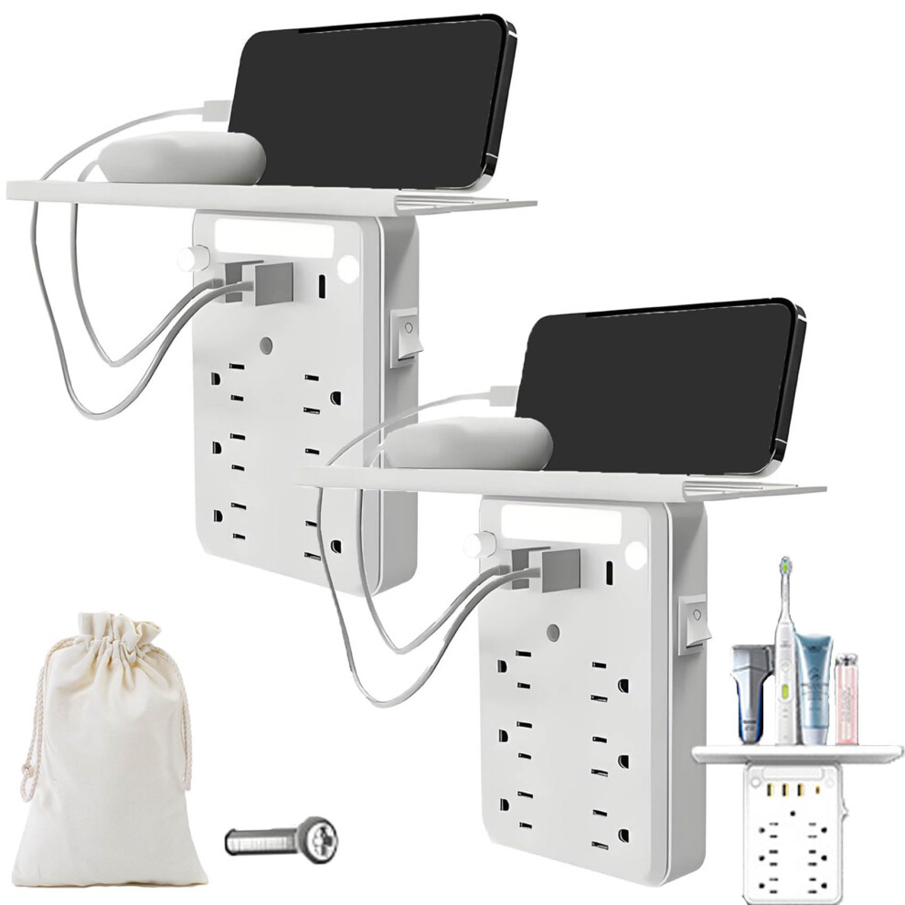 Wall Outlet Extender With Shelf And Usb C, Surge Protector Power Strip With Nightlight, 6 Ac Outlets And 3 Usb Ports, 2 Pack 9113335730724