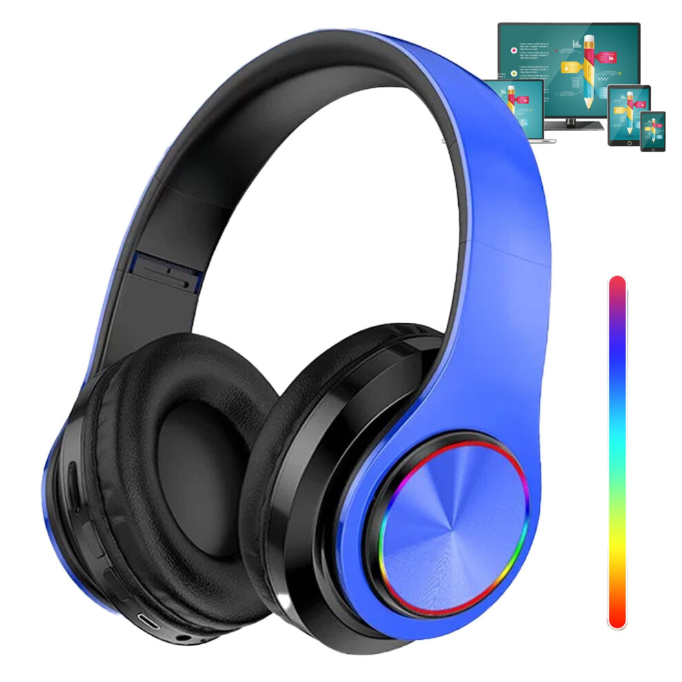 Wireless Tooth Over Ear Headphones With Led Lights, Foldable Hifi Stereo, Builtin Mic, Blue 9455672872379