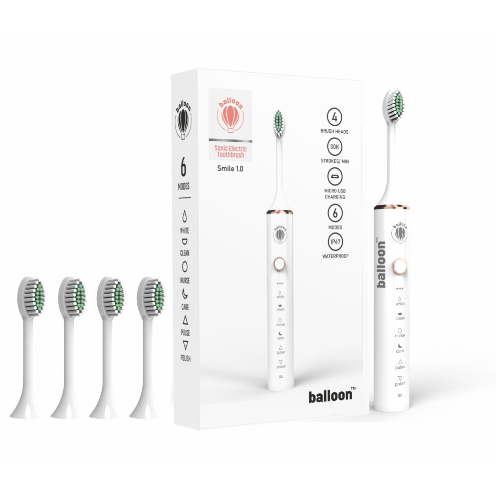 White Rechargeable Sonic Electric Toothbrush With 4 Brush Heads, 6 Modes, 30000 Vibrations, Ip67 Waterproof,