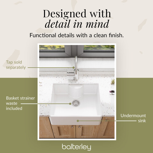 Balterley Traditional Rectangular Single Bowl Fireclay Butler Kitchen Sink - Tap Ledge 2