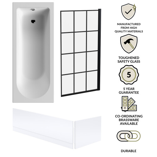 Balterley Round Single Ended 1700x700 Bath Set - Front & End Panels & Black Square Framed Screen 1
