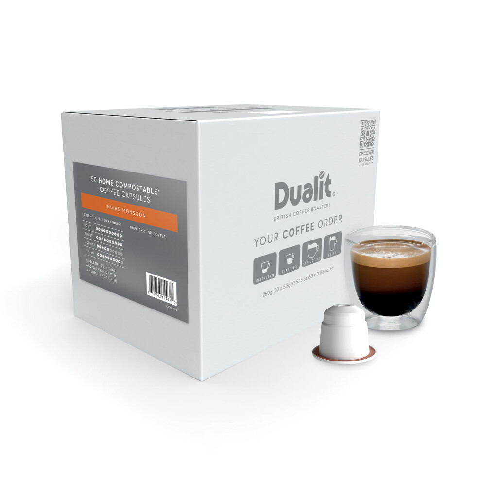 Dualit Indian Monsoon Home Compostable Coffee Capsules By - Compatible With Nespresso - 50 Servings - 5 X 10 Pk Of Premium Eco Friendly Fairtrade
