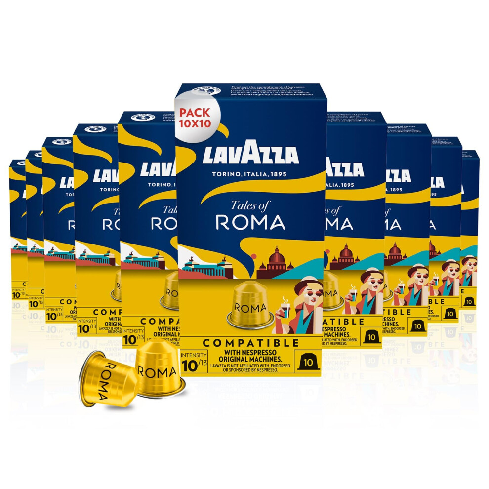 Lavazza , Tales Of Roma, 100 Nespresso Original Machine-Compatible Coffee Capsules, With Notes Of Hazelnut And Dark Chocolate, Arabica And Robusta,