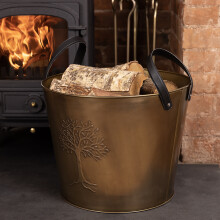 CHARLES BENTLEY Snug Mulberry Large Leather Handle Log Bucket, Metal, Leather, Antique Gold Coloured Finish, Timeless Style, Tree Logo, 6kg Log