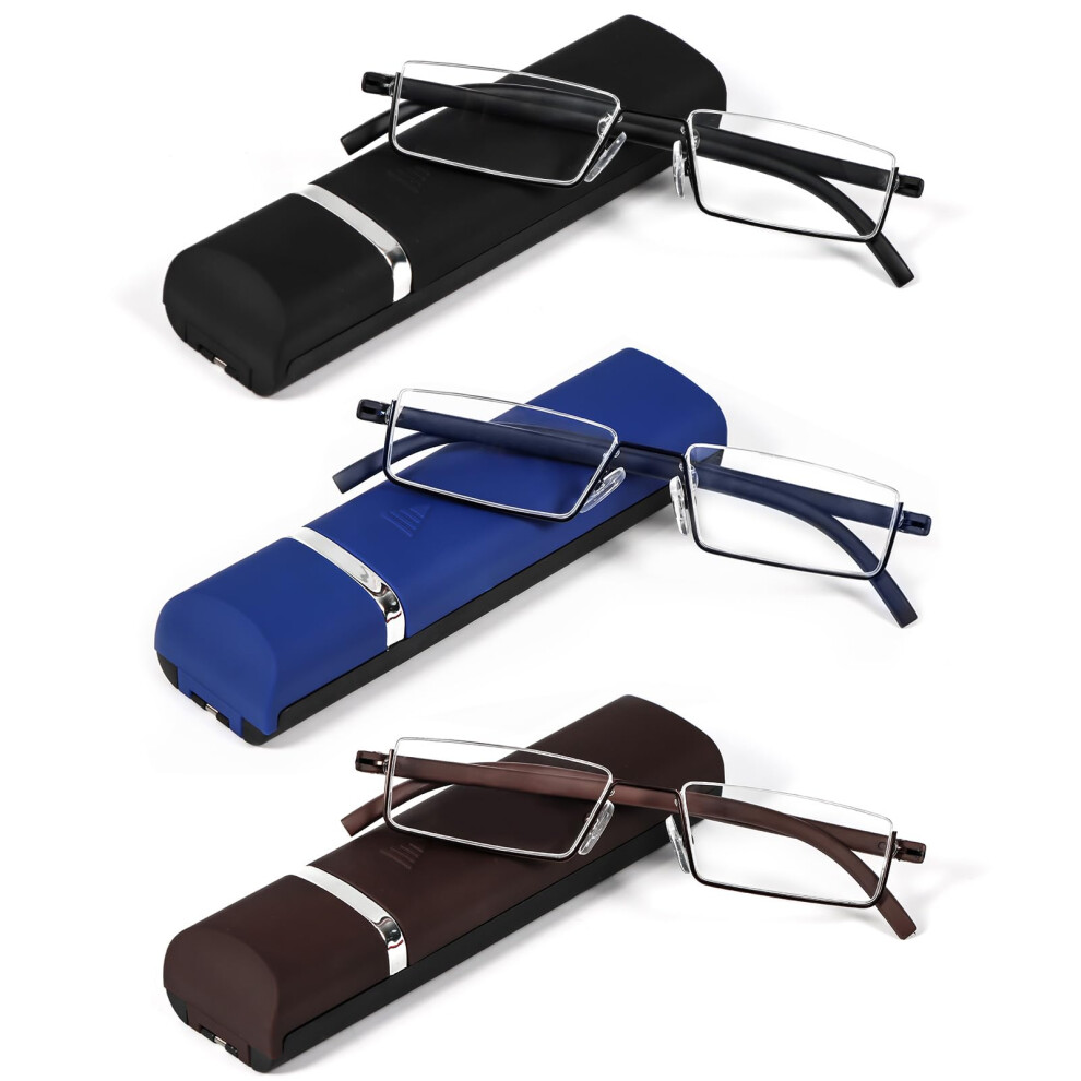 Black/Blue/Brown 3 Pack Half Frame Reading Glasses For Men And Women, Clear 2.25X Magnification Lightweight Readers With Case,