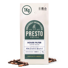 Presto Coffee House Filter Speciality Coffee Beans 1kg Medium Roast Tasting Notes Sweet Cocoa and Peanuts Rainforest Alliance Certified 50% Arabica /
